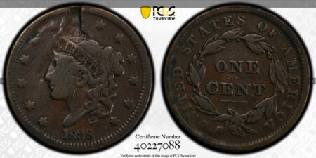 1838 Large cent with Strike through obverse and reverse PCGS Fine F15 Trueview
